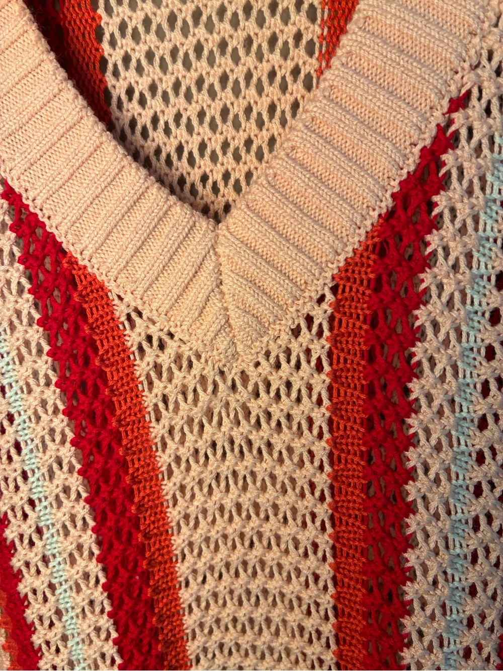 V-Neck Open-Knit Sweater in Cream and Red - Picture 3 of 8